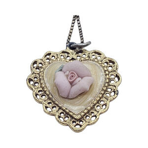 Vintage Heart Necklace Pink Porcelain Rose Gold Plated Filigree Artisan Handmade